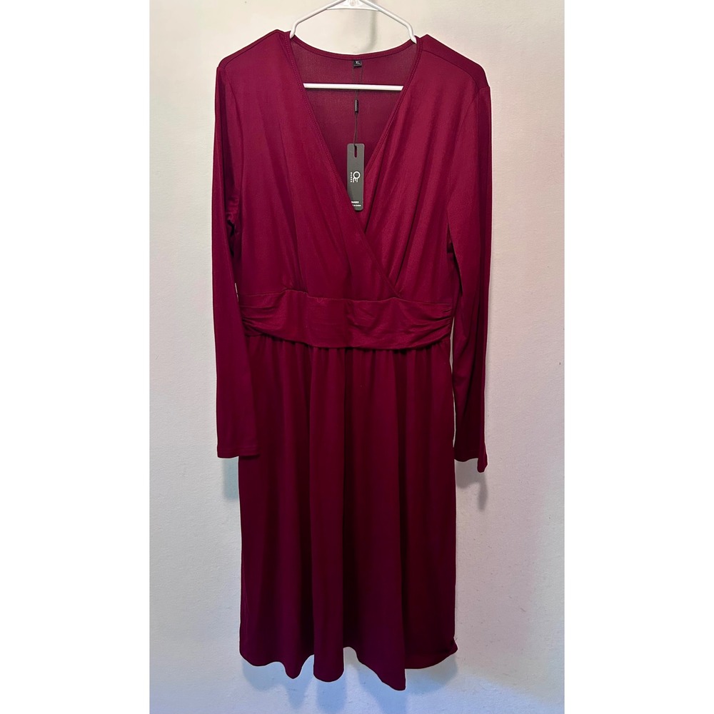 OUGES Womens Burgundy Long Sleeve Faux Wrap V-Neck Midi Dress‎ w/Pockets XL NWT